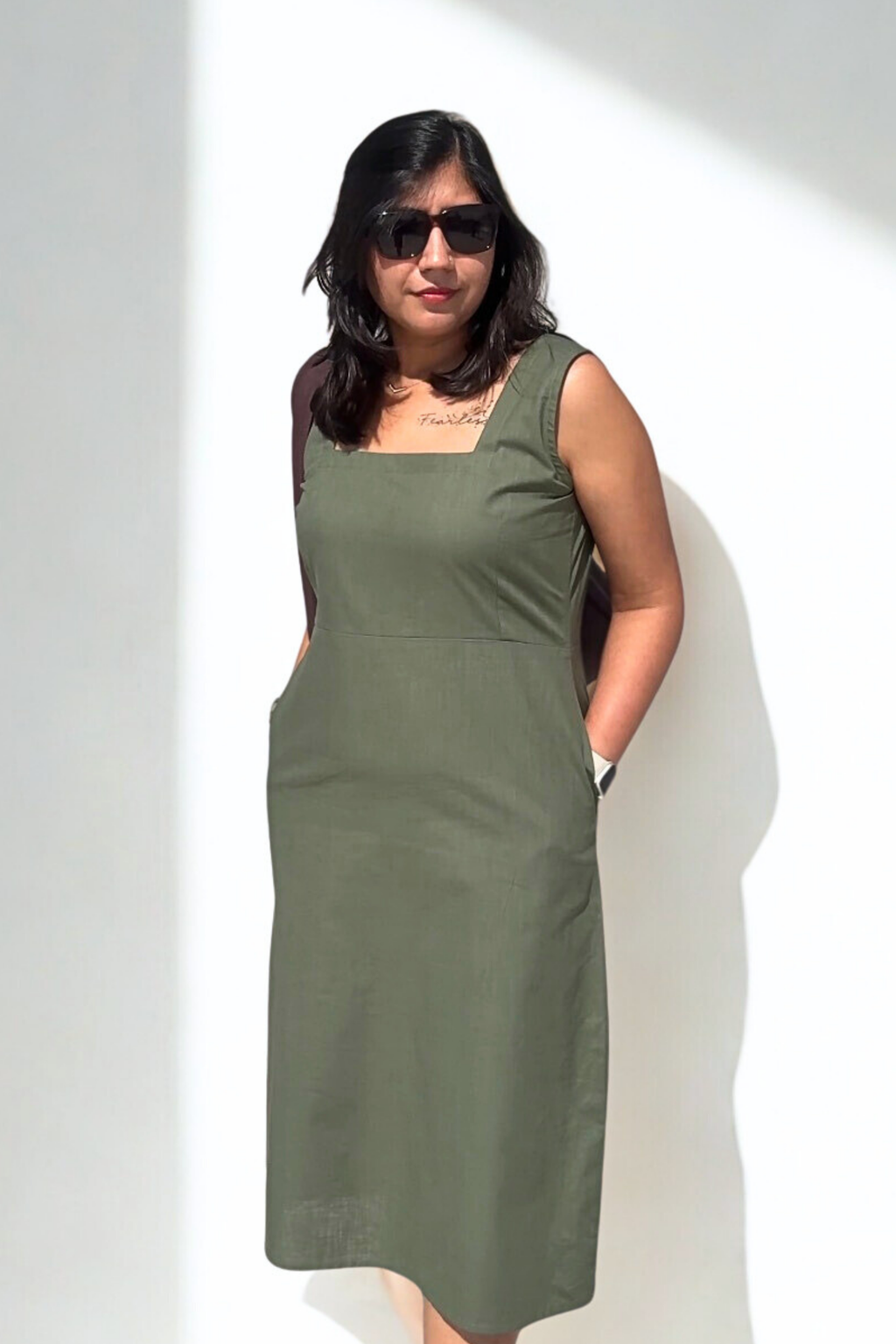 Gupshup: Mid Length Dress in Olive Green