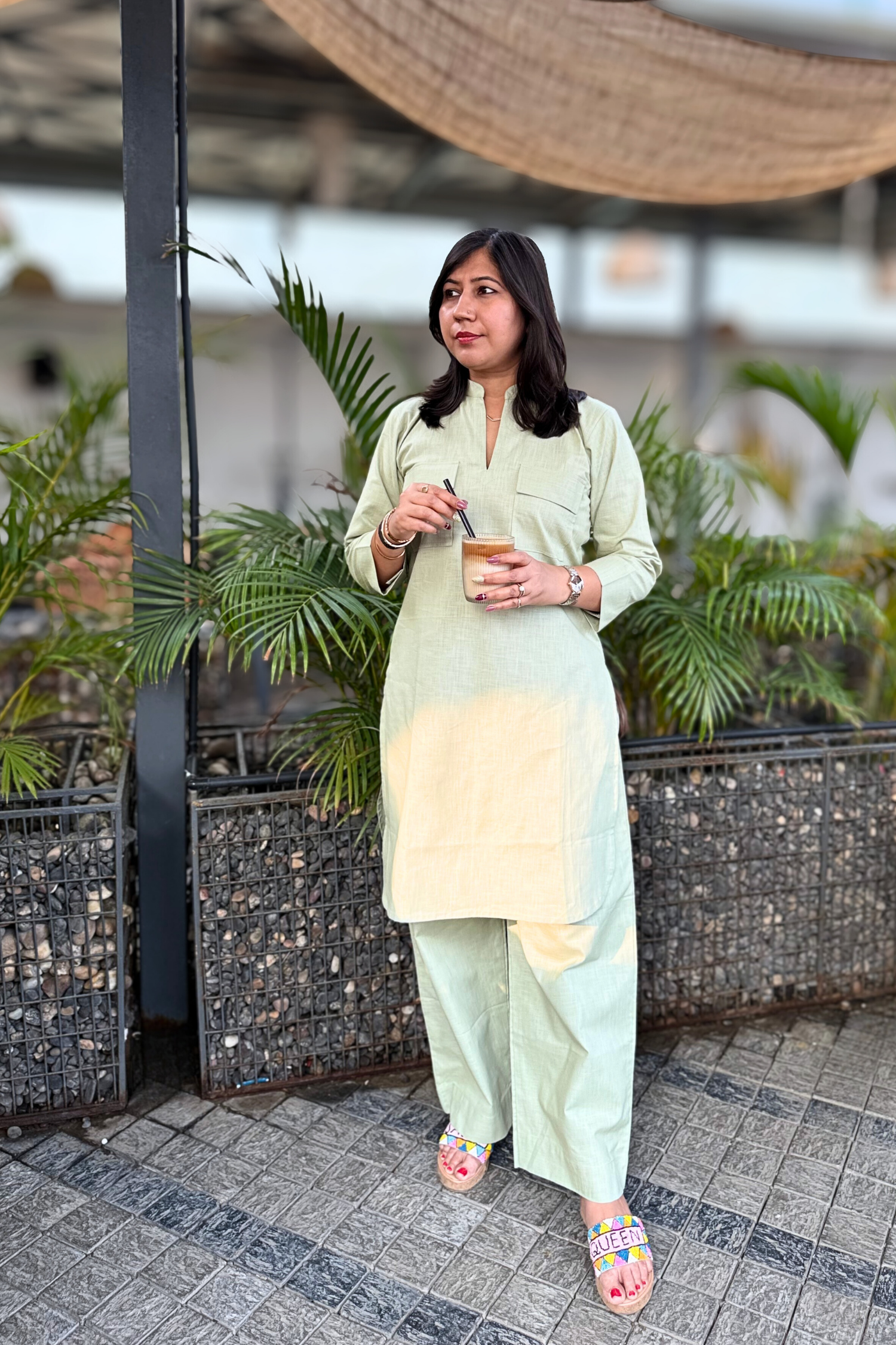 Cherry Blossom: Kurta Set in Matcha Green