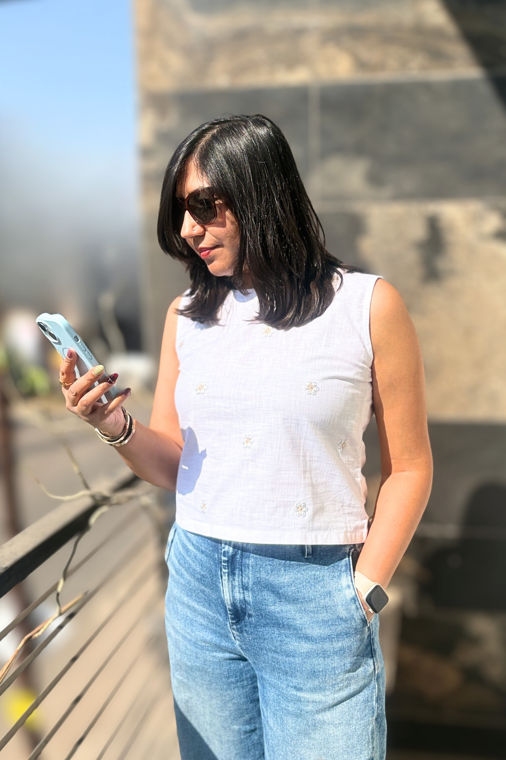 Sundance: Embroidered Top in White and Blue