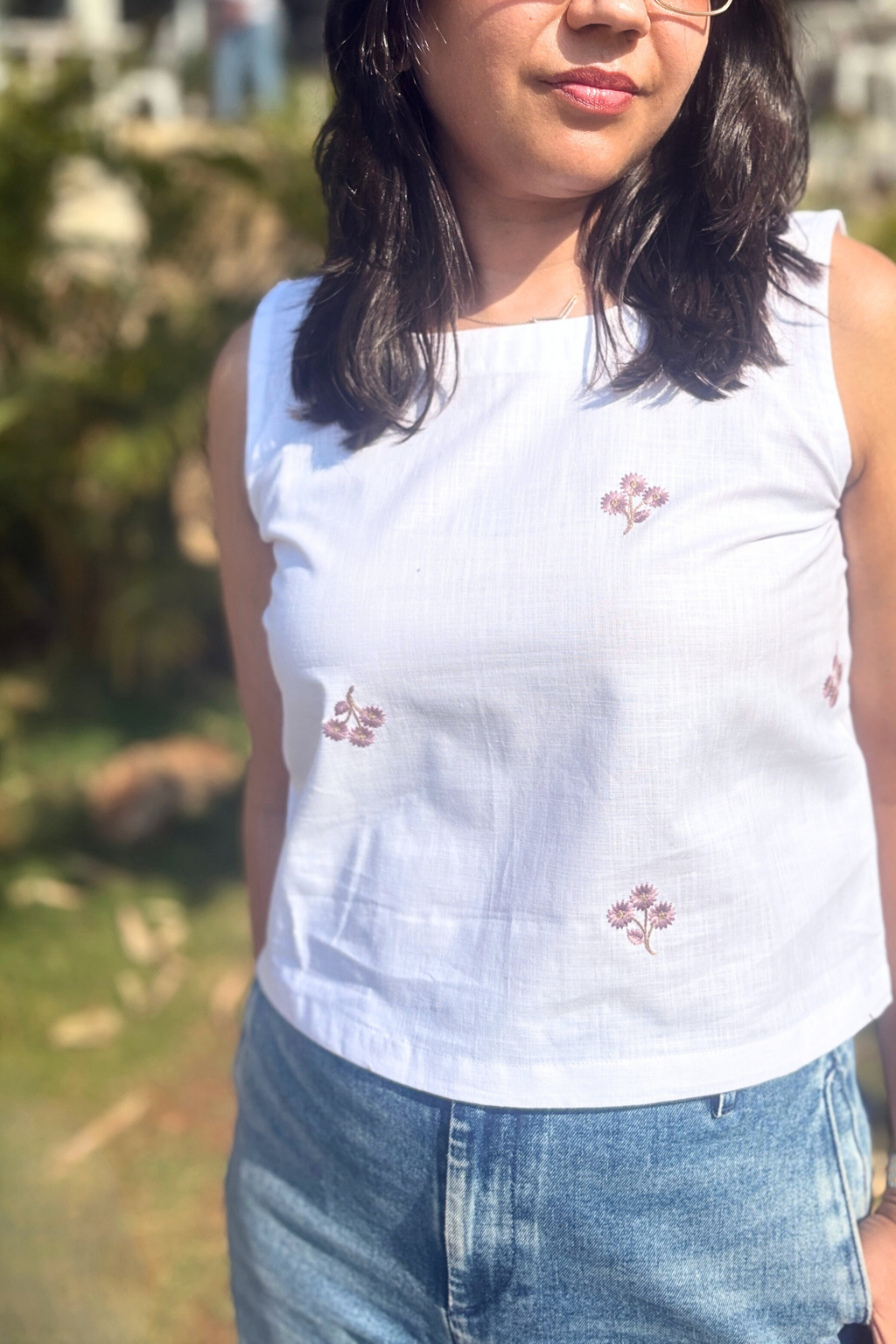 Sundance: Embroidered Top in White and Purple