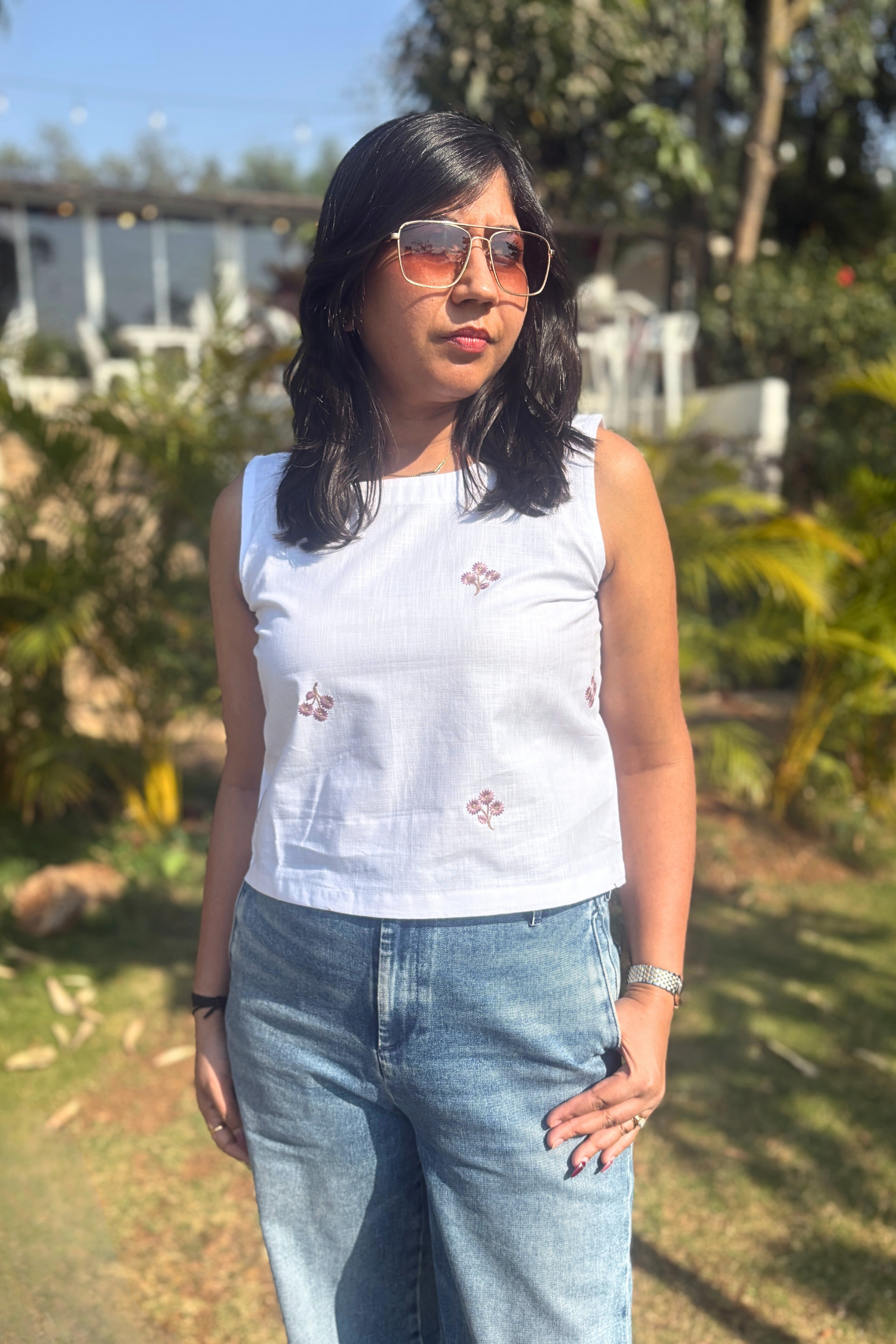 Sundance: Embroidered Top in White and Purple