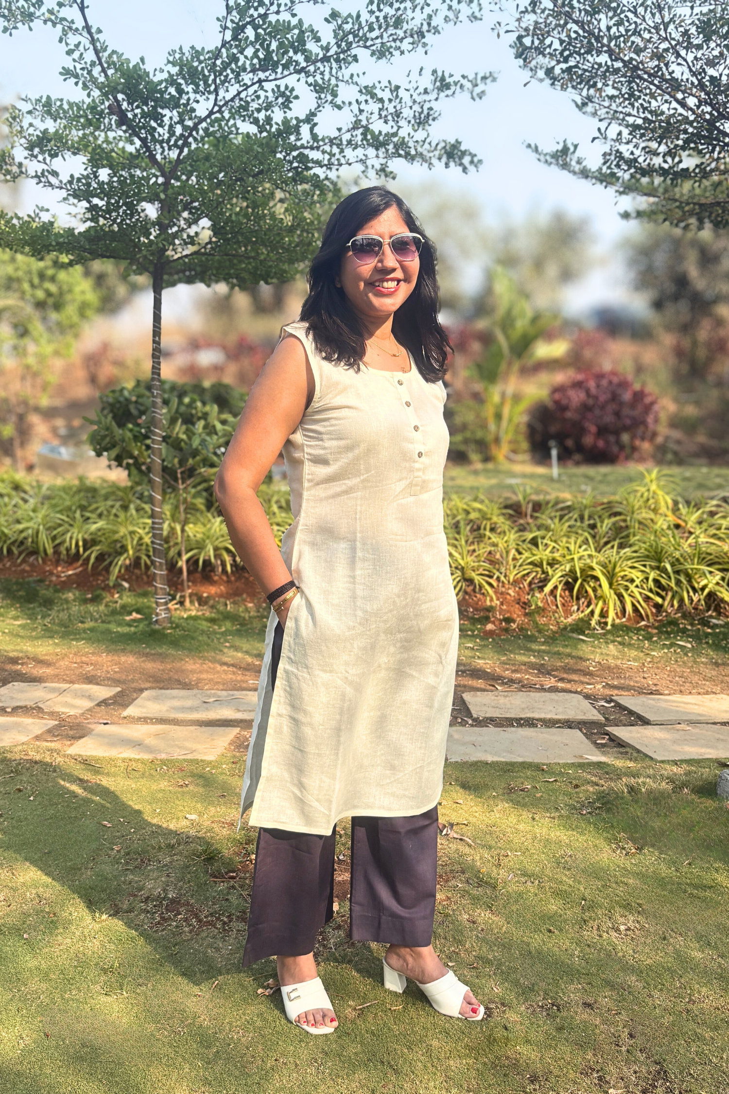 Mixtape: Long Kurta Set in White and Grey