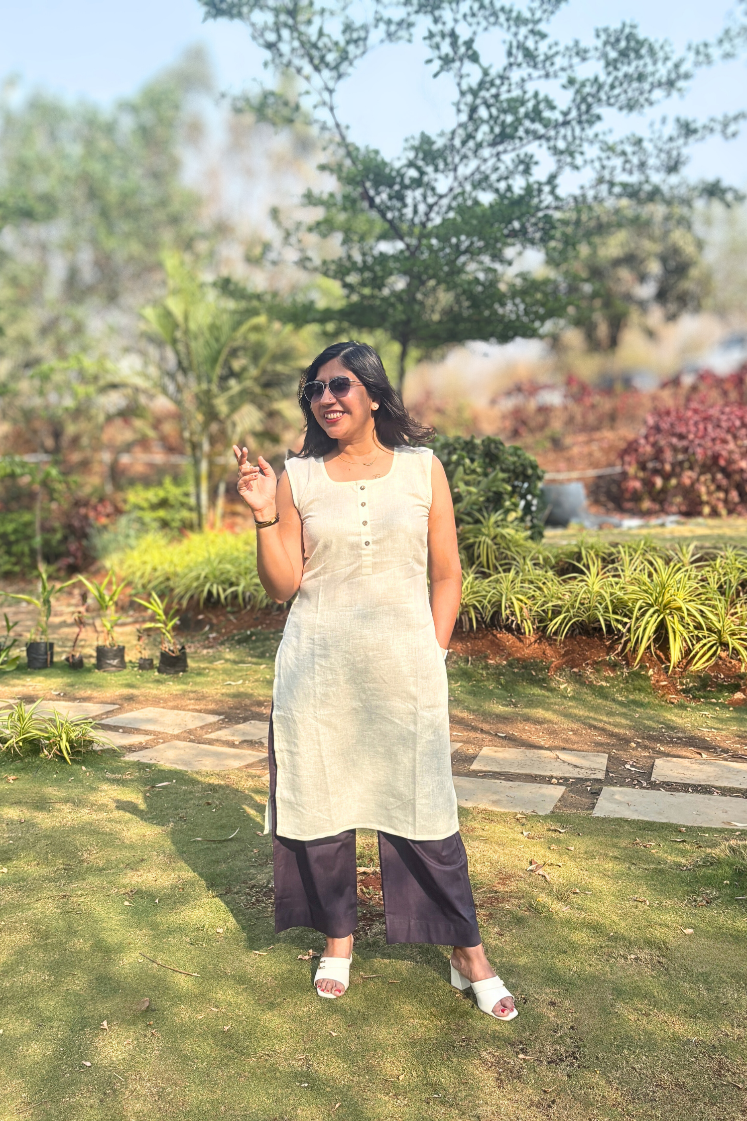 Mixtape: Long Kurta Set in White and Grey