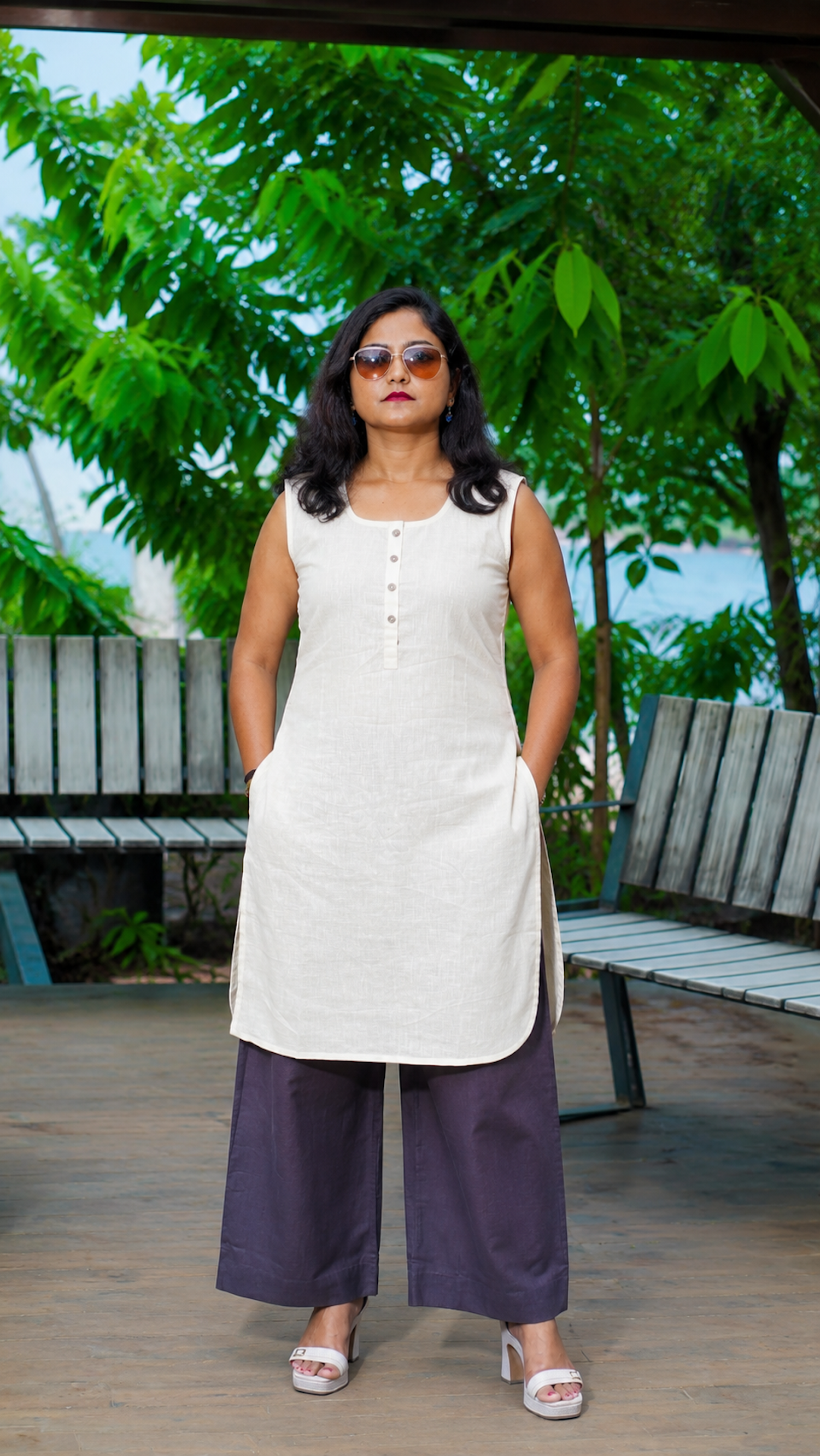 Mixtape: Long Kurta Set in White and Grey