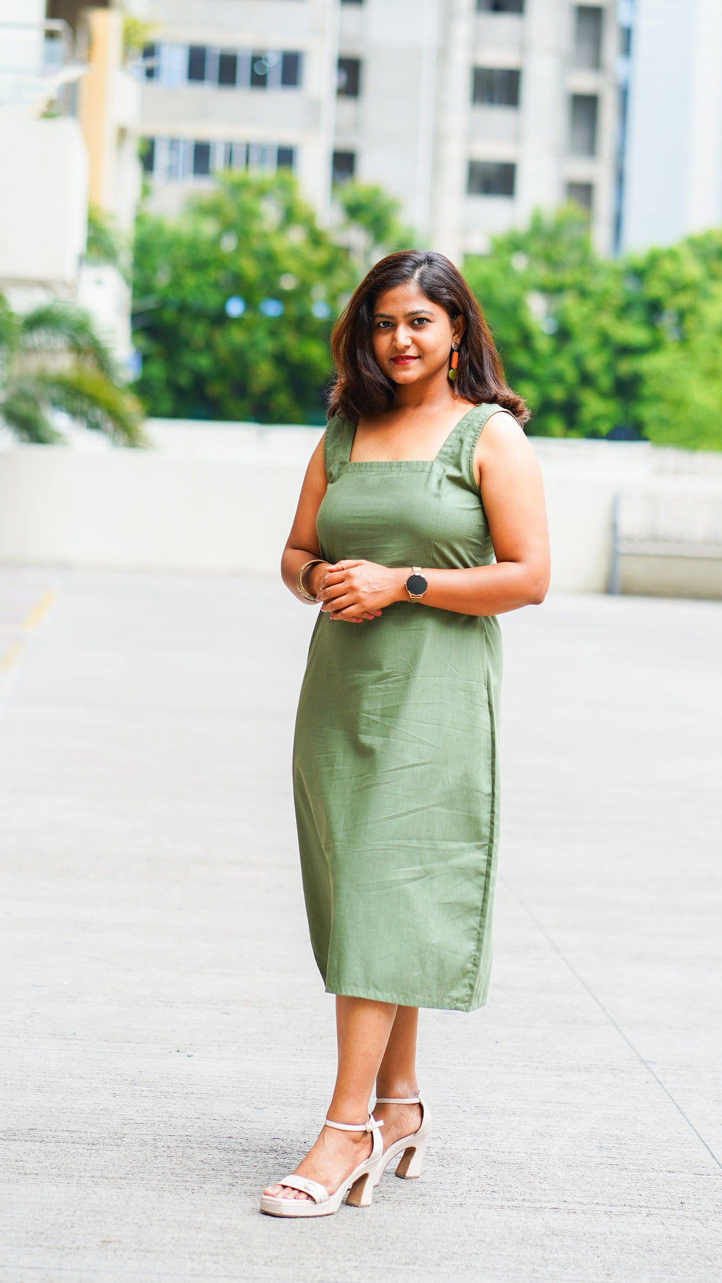 Gupshup: Mid Length Dress in Olive Green