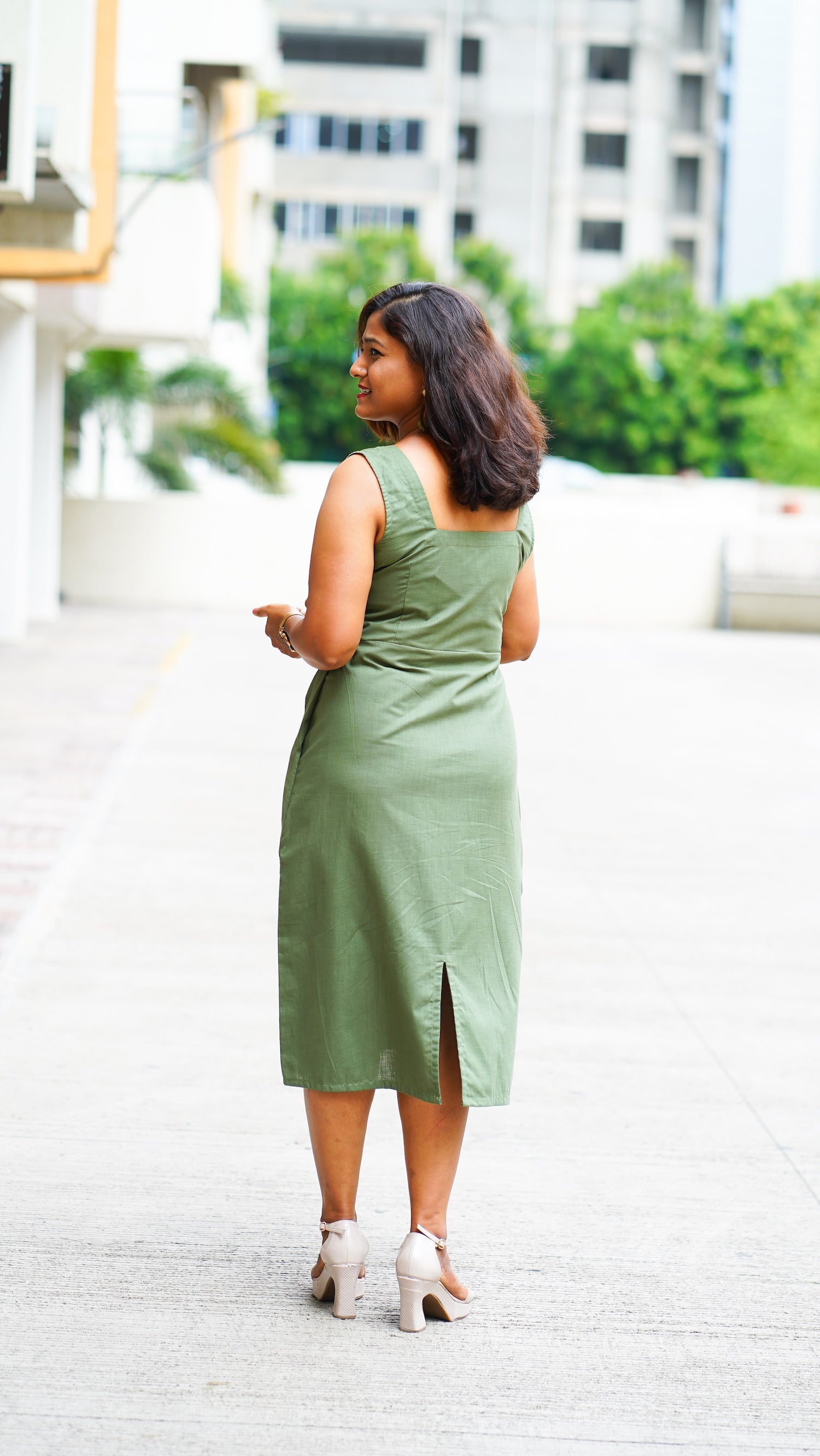 Gupshup: Mid Length Dress in Olive Green