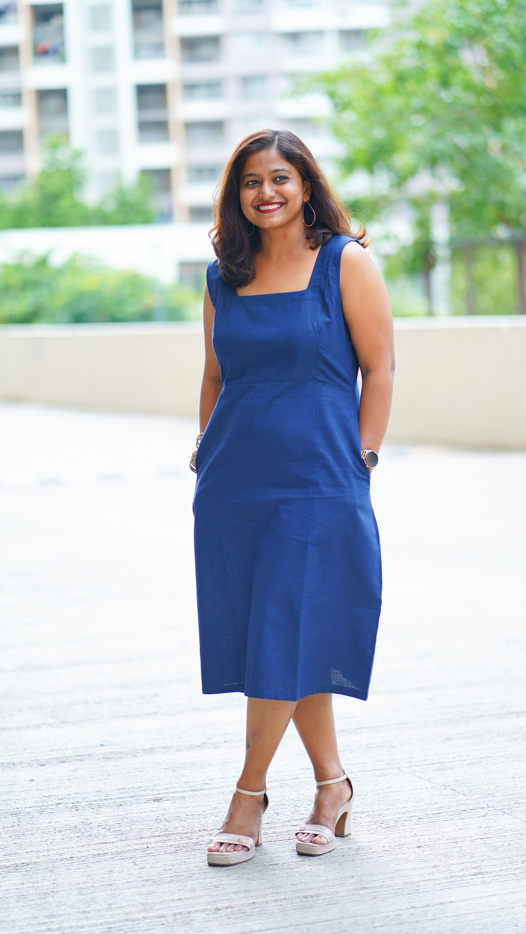 Gupshup: Mid Length Dress in Navy Blue