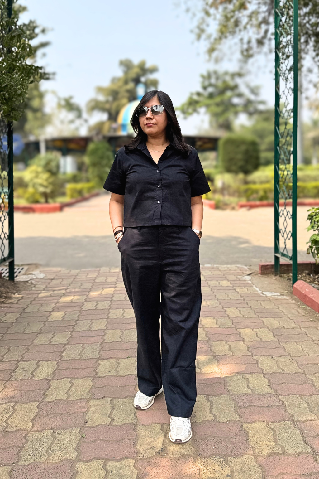 The Calm: Crop Half Sleeves Shirt in Black