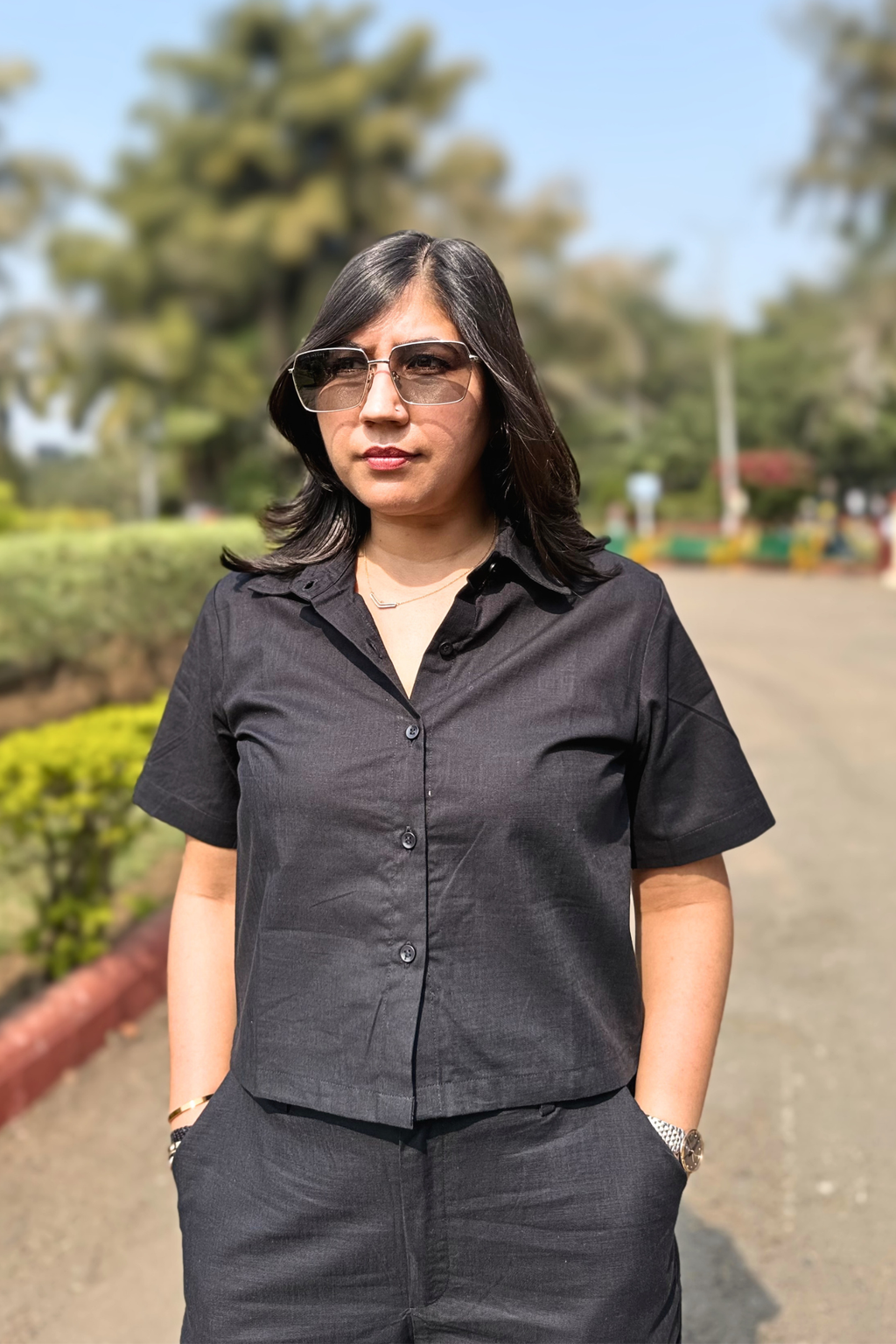 The Calm: Crop Half Sleeves Shirt in Black