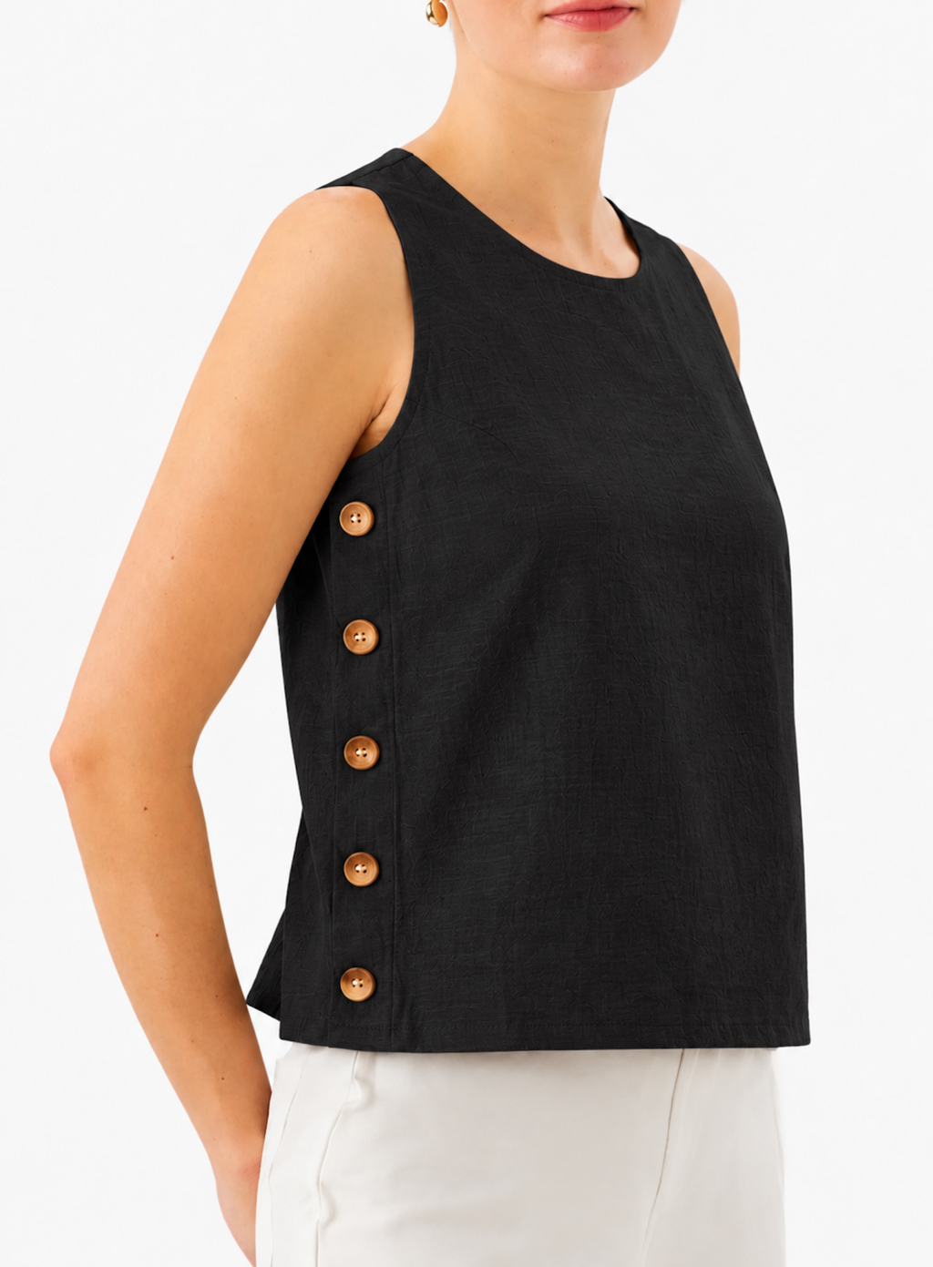 SLO-MO: Side Button Tank Top in Black
