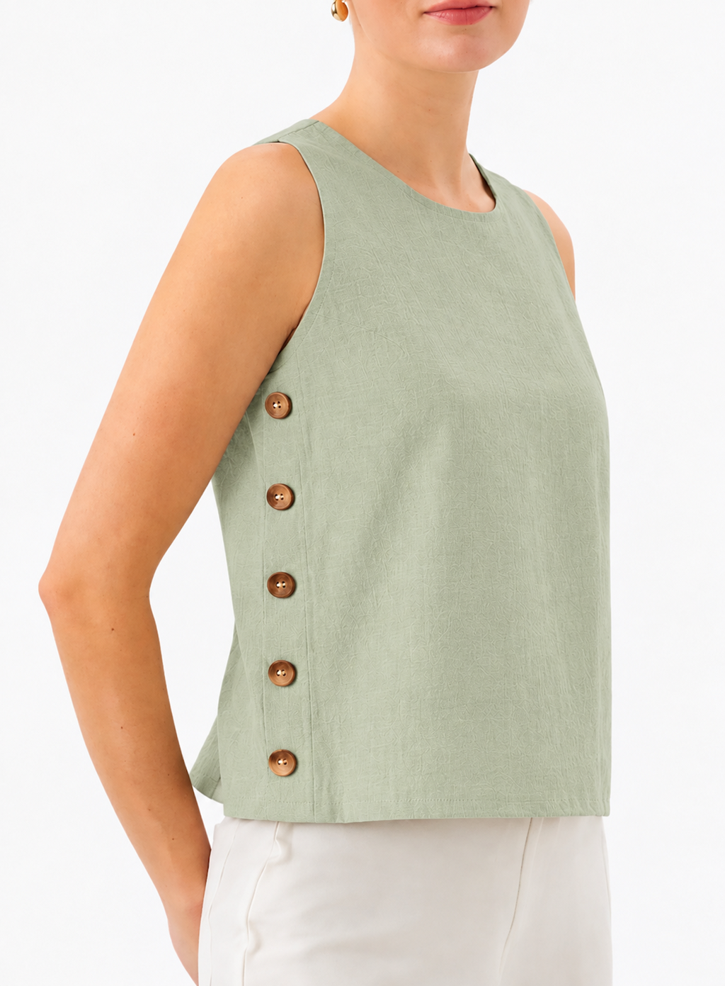 SLO-MO: Side Button Tank Top in Sage Green